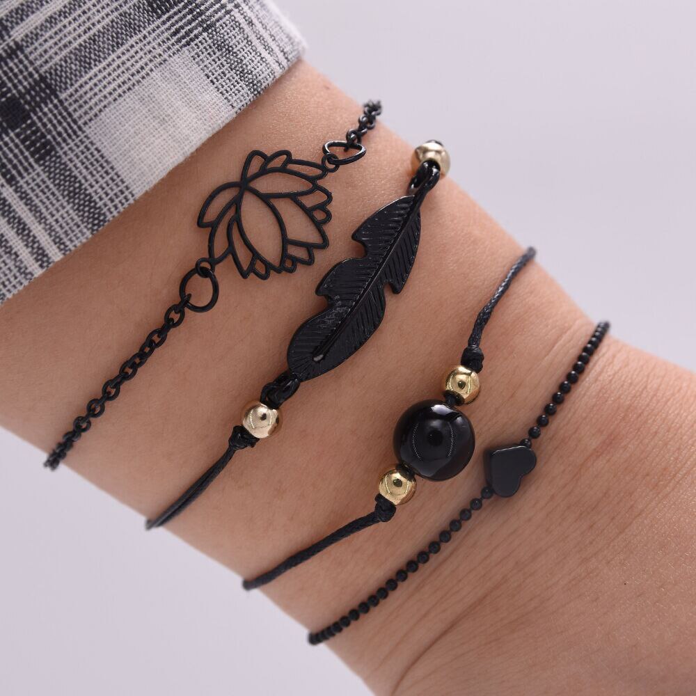 New Fashion 4 Piece Black Feather Lotus Boho Bangles Bracelet Set