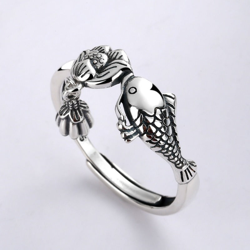Carp Lotus Tassel Adjustable 925 Silver Ring