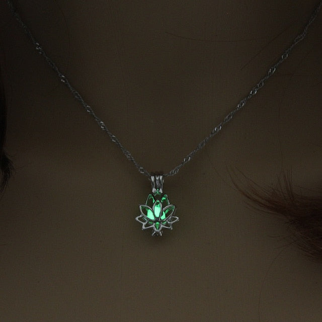 Luminous Glow In The Dark Moon Lotus Flower Shaped Pendant Necklace For Women