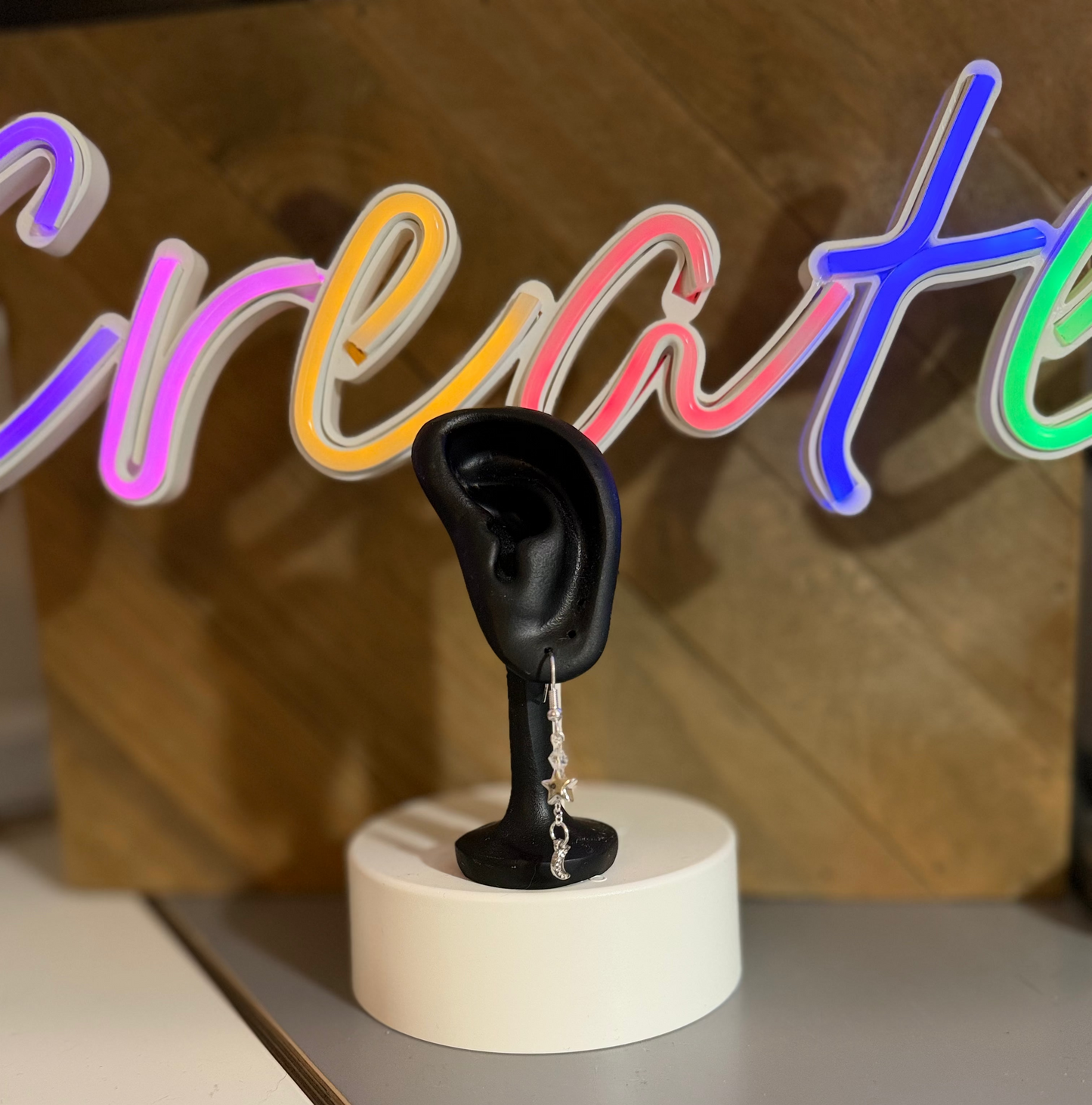 Silver Crescent Moon and Star Dangle Earrings