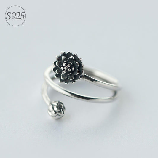 Retro 925 Sterling Silver Wrapping Lotus Flower & Bulb Ring
