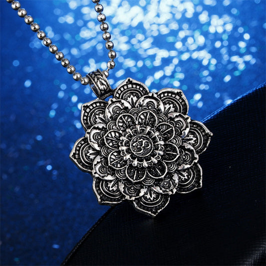 Vintage Alloy Mandala Lotus Flower Pendant Necklace