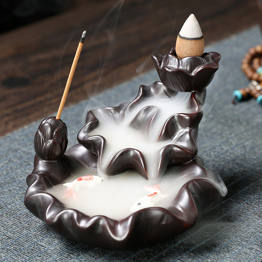 Lotus Leaf Pisces Playing Water Ceramic Backflow Aromatherapy Incense Burner