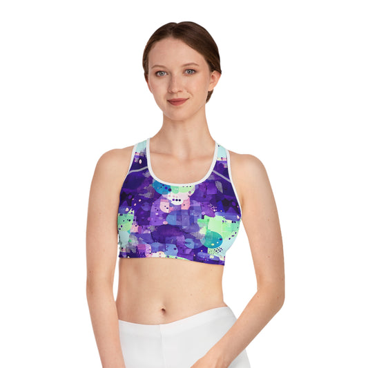Peace Diva Vibrant Sports Bra for Active Women - Abstract Purple Design