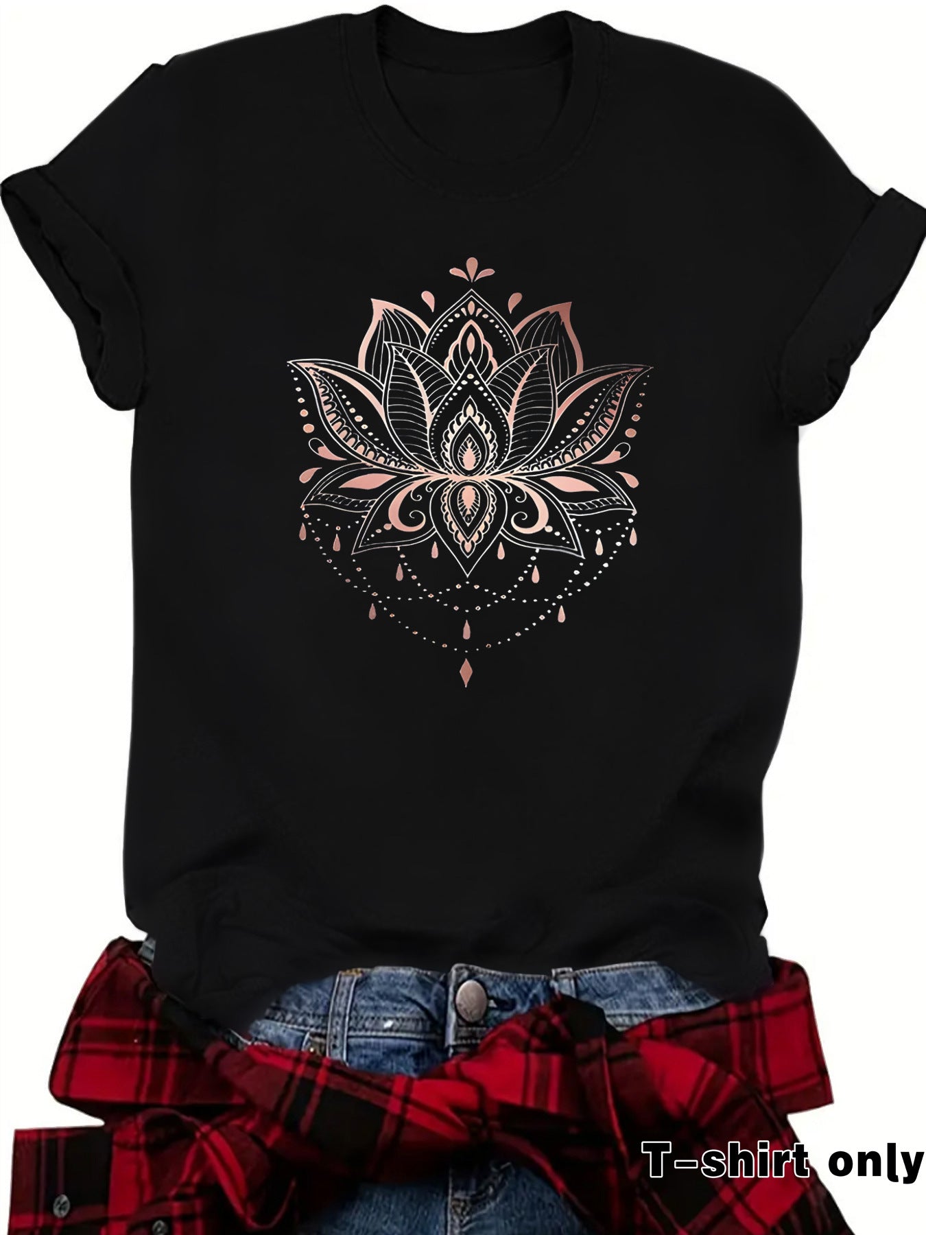 Lotus Print Round Neck Loose Short Sleeved Shirt