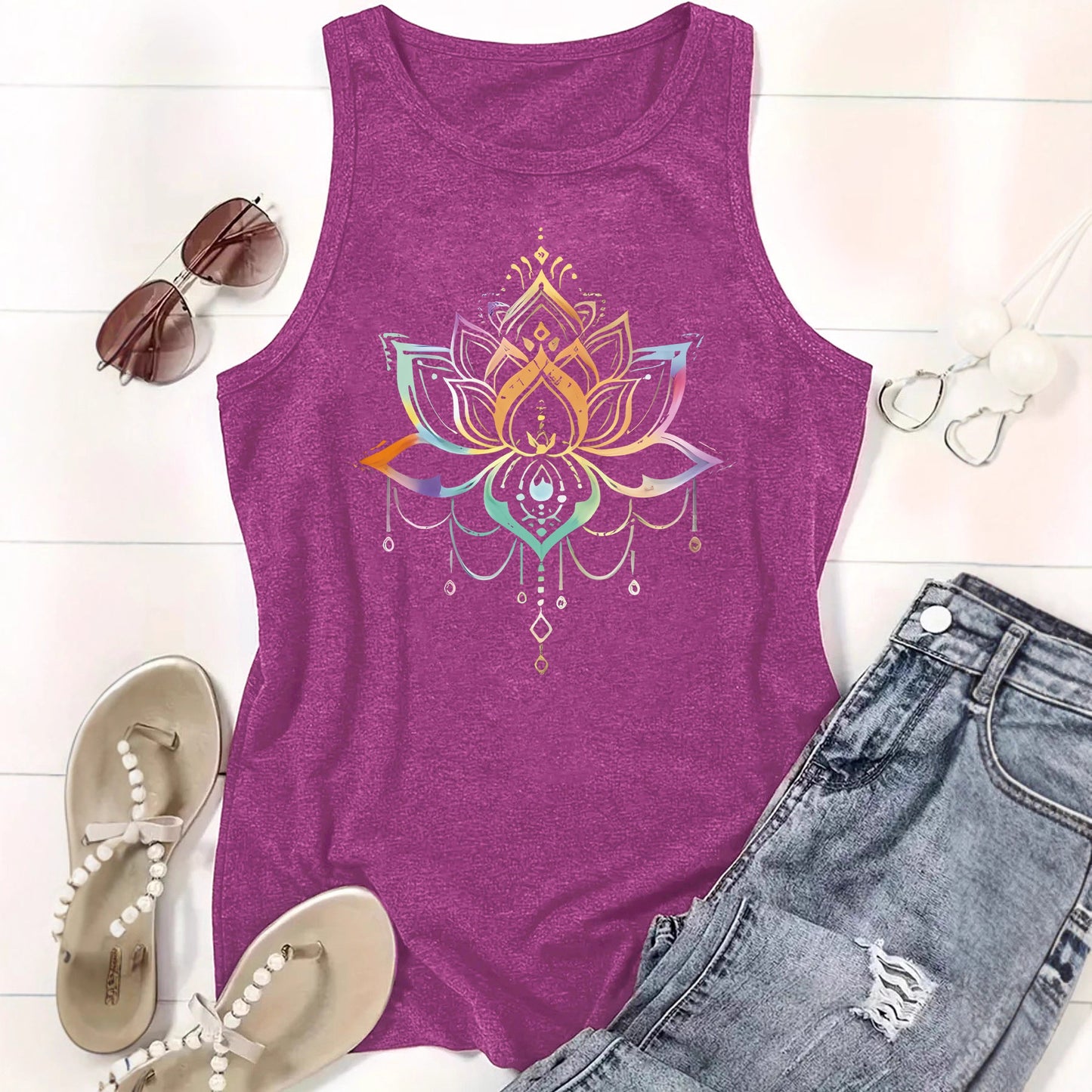 Colorful Lotus Design Print Sleeveless Top