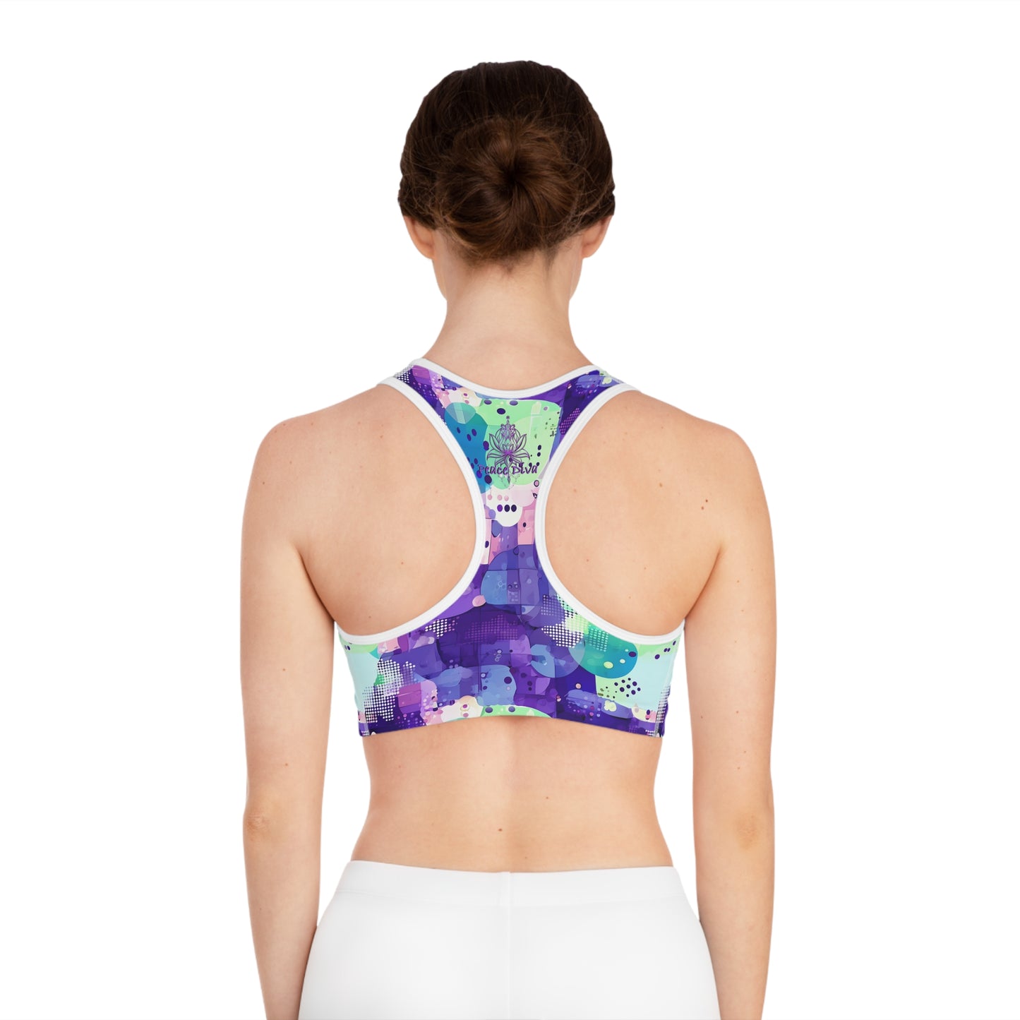 Peace Diva Vibrant Sports Bra for Active Women - Abstract Purple Design