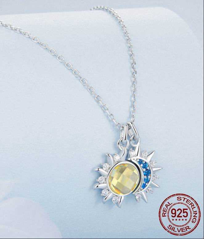 Silver Charm Sparkling Sun Moon Necklaces 925 Pure Silver Clavicle Chain