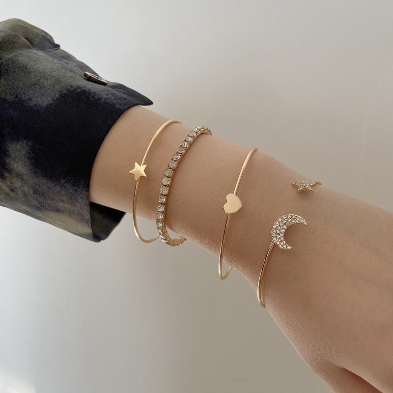 Five Point Star and Moon Cubic Zirconia Open Bracelet Combination Set