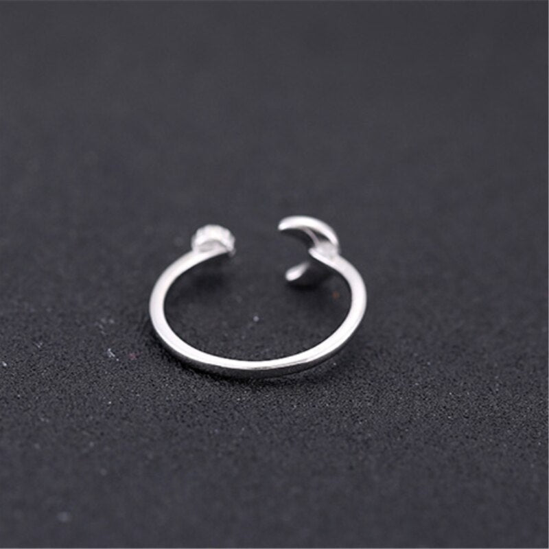 925 Sterling Silver Moon Black Epoxy Retro Resizable Opening Ring