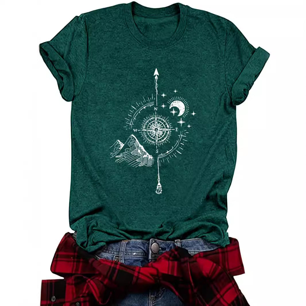 Compass Moon Mountain Peak Short Sleeve Shirt