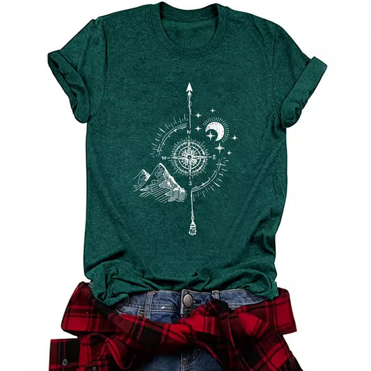 Compass Moon Mountain Peak Short Sleeve Shirt