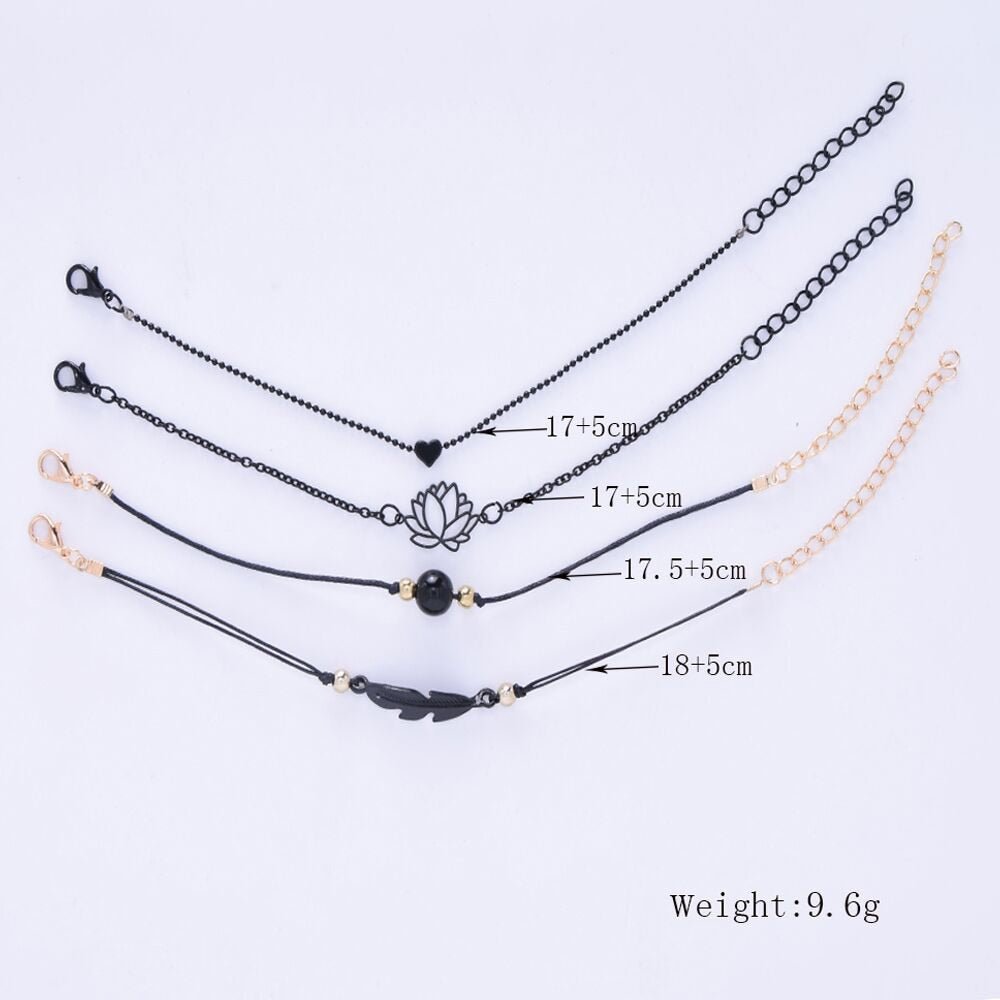 New Fashion 4 Piece Black Feather Lotus Boho Bangles Bracelet Set
