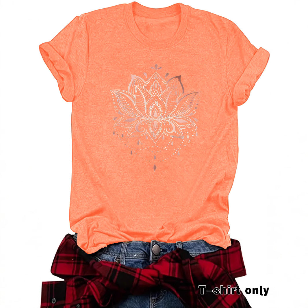 Lotus Print Round Neck Loose Short Sleeved Shirt