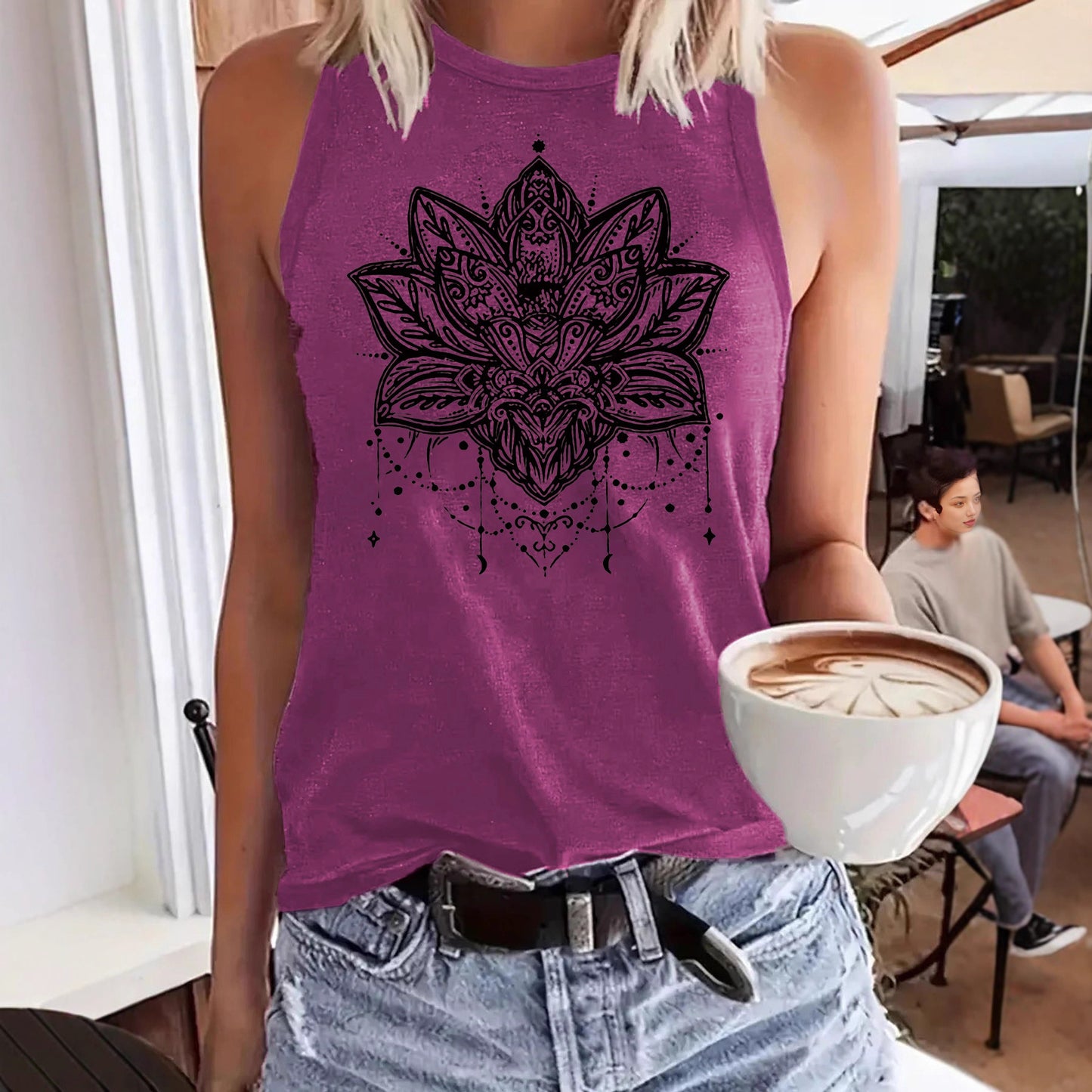 Lotus Print Sleeveless Racerback Top