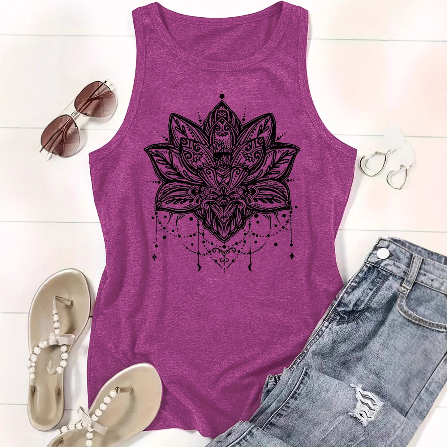 Lotus Print Sleeveless Racerback Top