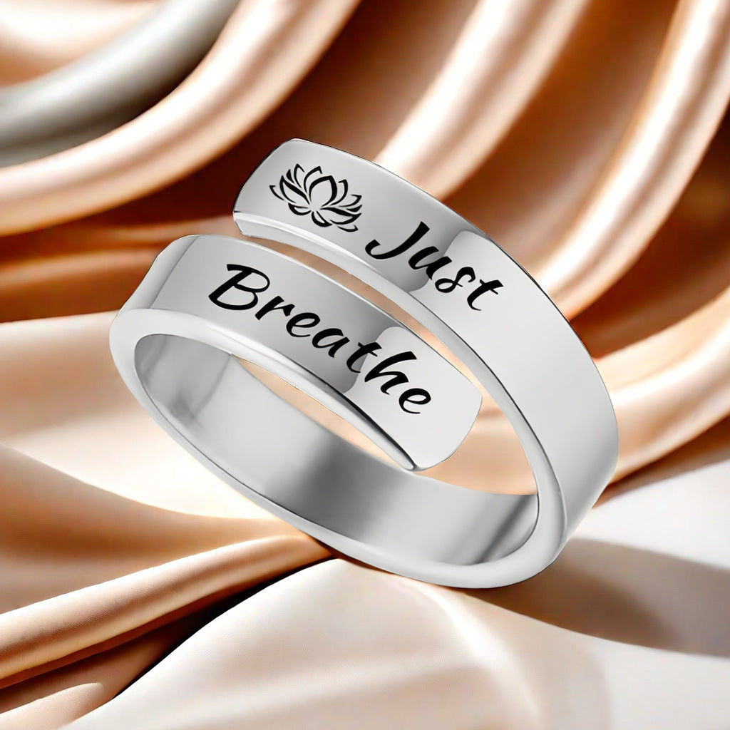 Just Breathe Open Wrap Ring Engraved Lotus Or Heart