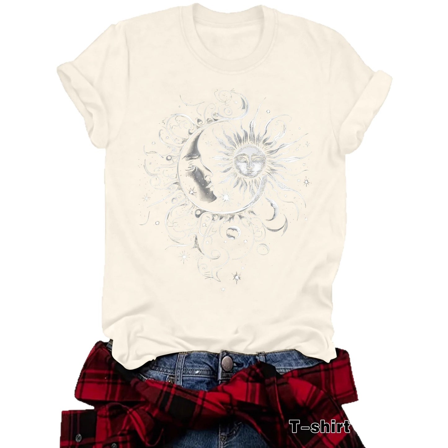 Sun and Moon Design T-Shirt Short Sleeved