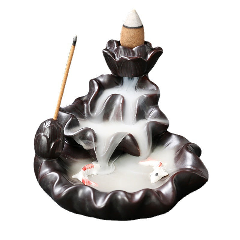 Lotus Leaf Pisces Playing Water Ceramic Backflow Aromatherapy Incense Burner