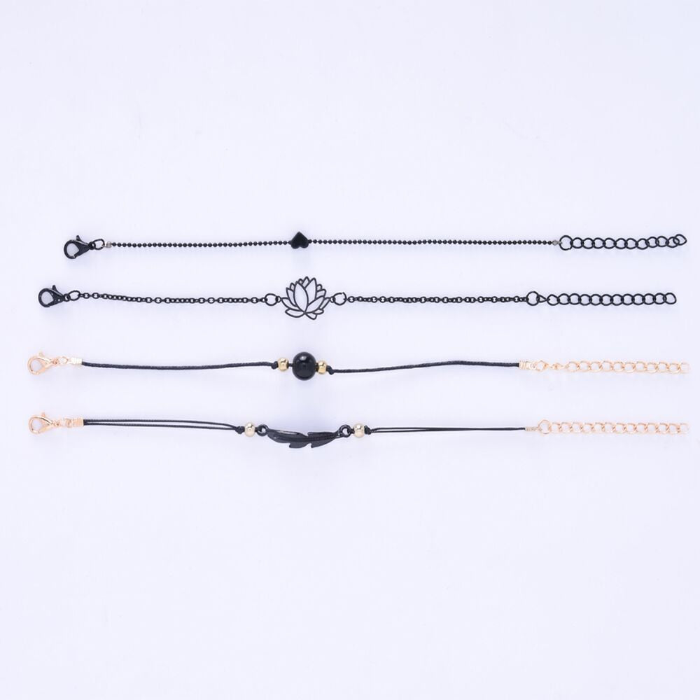 New Fashion 4 Piece Black Feather Lotus Boho Bangles Bracelet Set