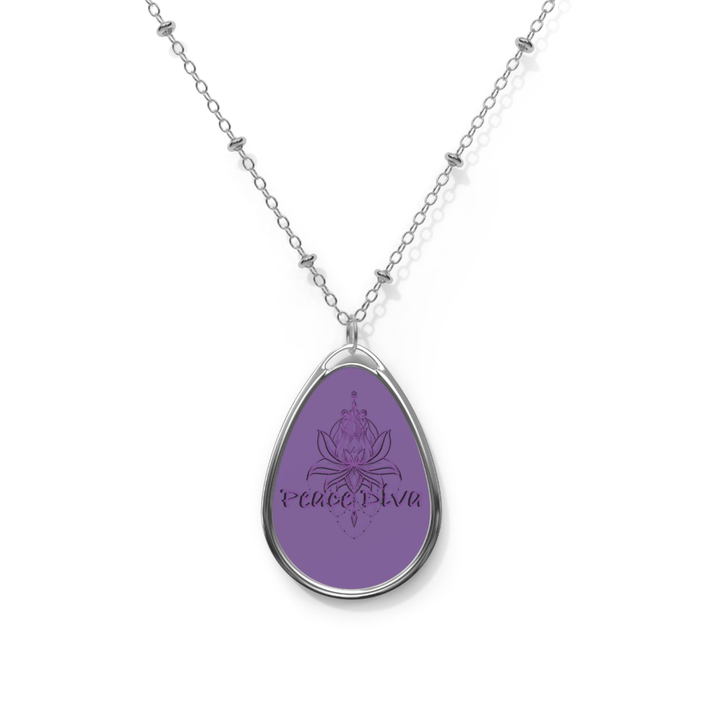 Sterling Oval Lotus Necklace – Engraved 'peace & luv' Teardrop Pendant
