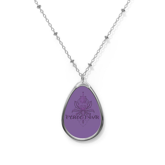Sterling Oval Lotus Necklace – Engraved 'peace & luv' Teardrop Pendant