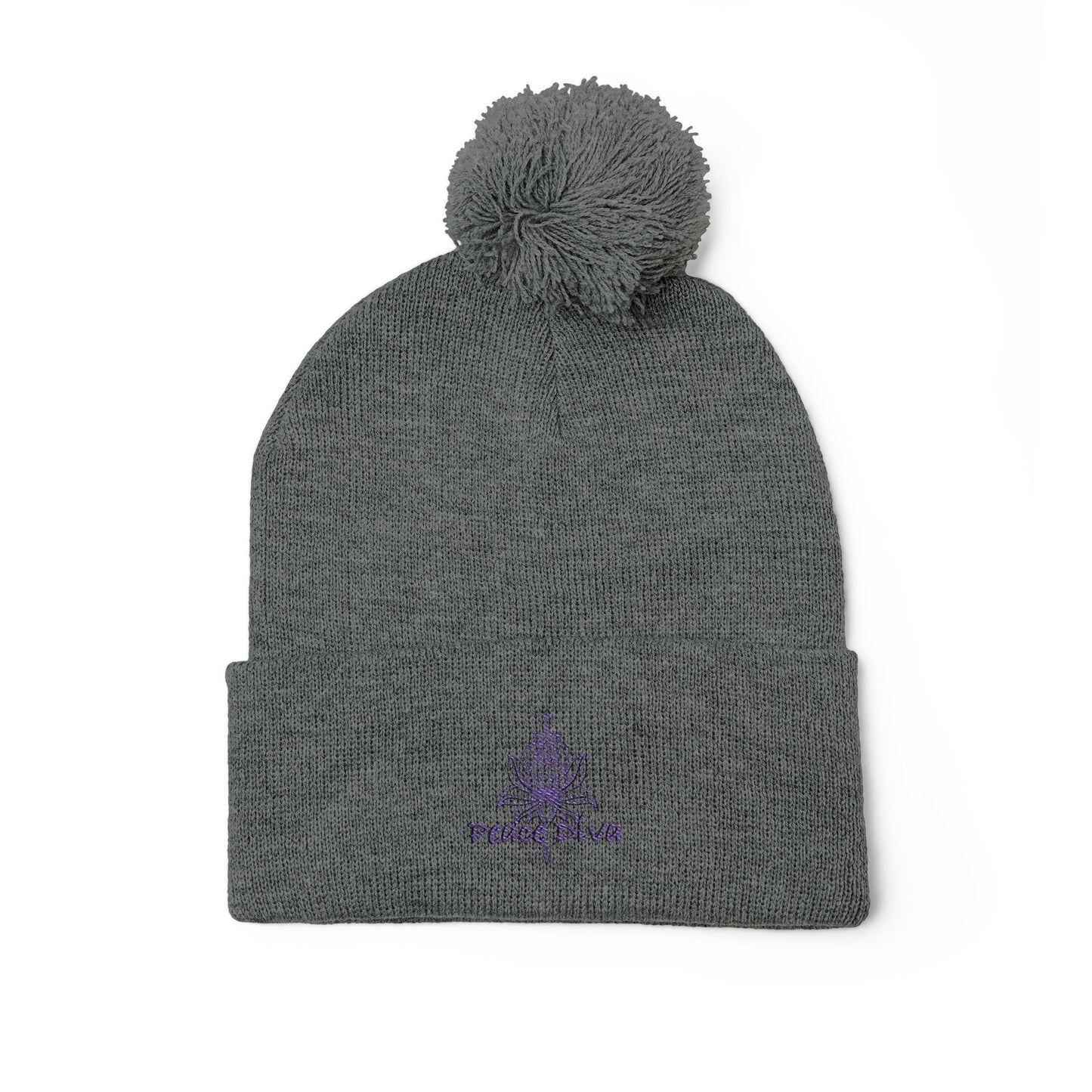 Embroidered Pom-Pom Knit Beanie – Cozy Winter Hat with Cuffed Design