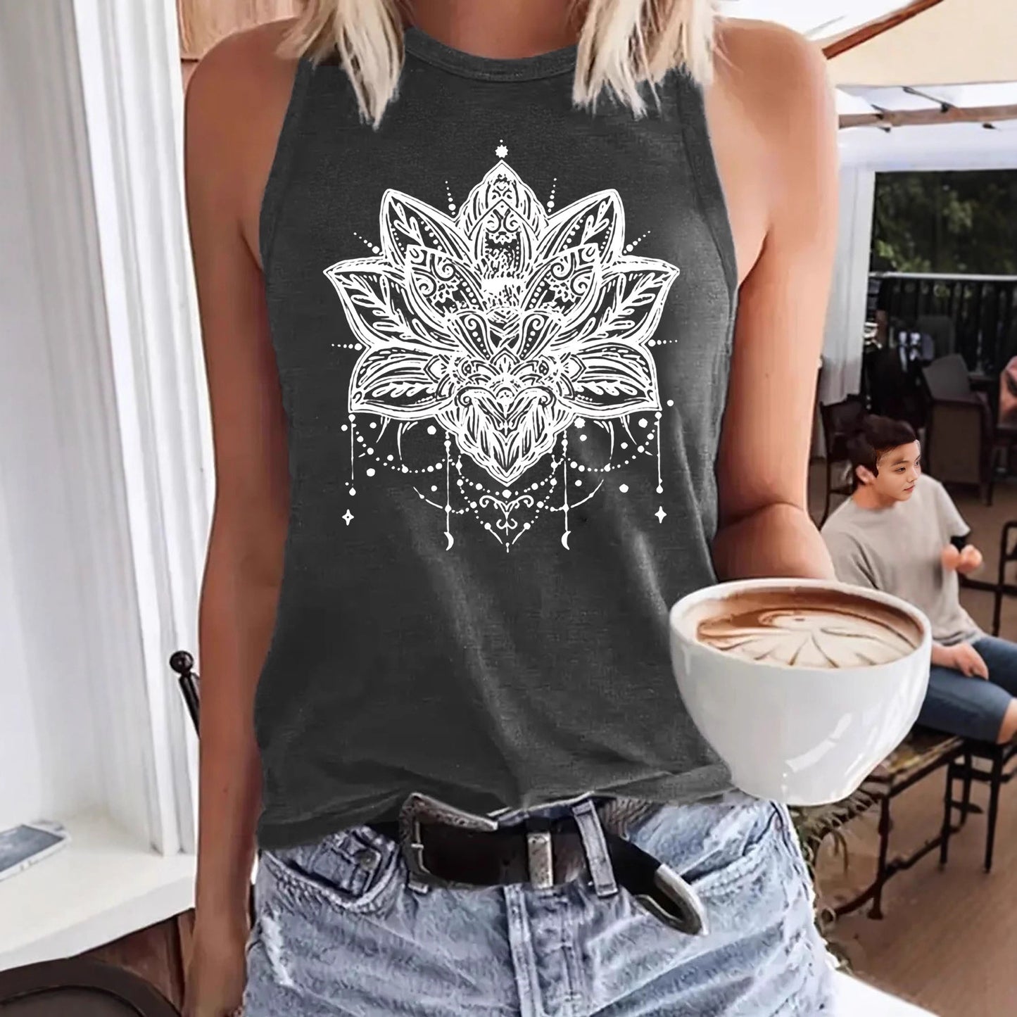 Lotus Print Sleeveless Racerback Top