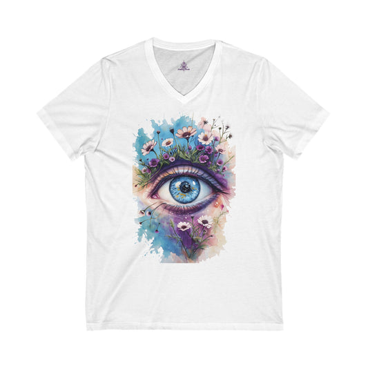 Peace Diva Floral Eye V-Neck Tee | Boho Style Unisex Jersey Shirt