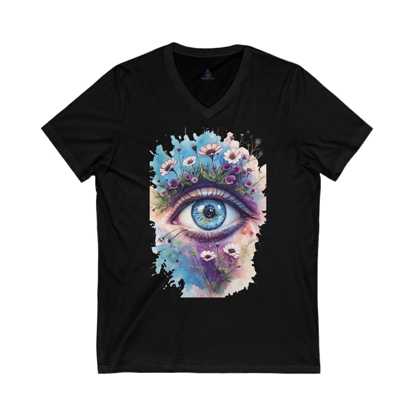 Peace Diva Floral Eye V-Neck Tee | Boho Style Unisex Jersey Shirt