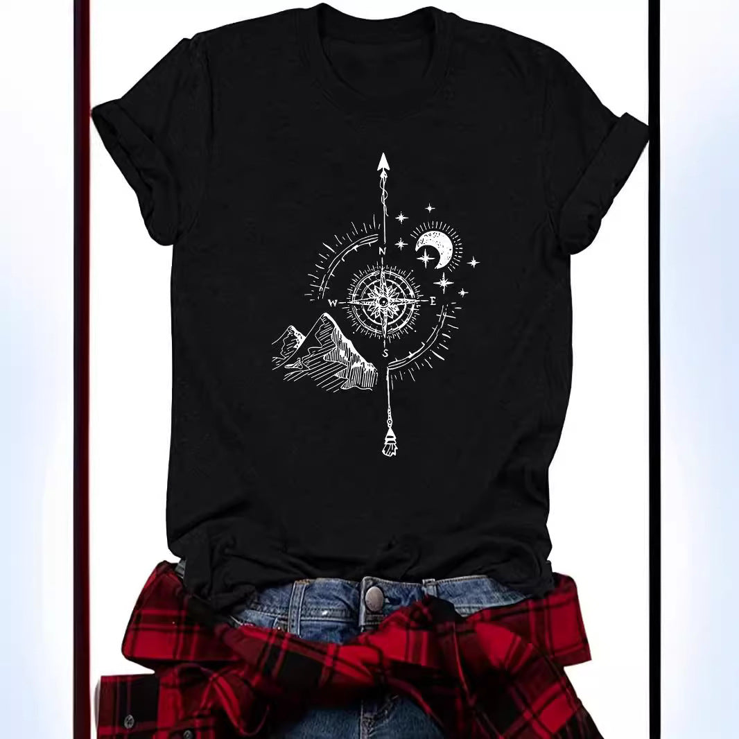 Compass Moon Mountain Peak Short Sleeve Shirt