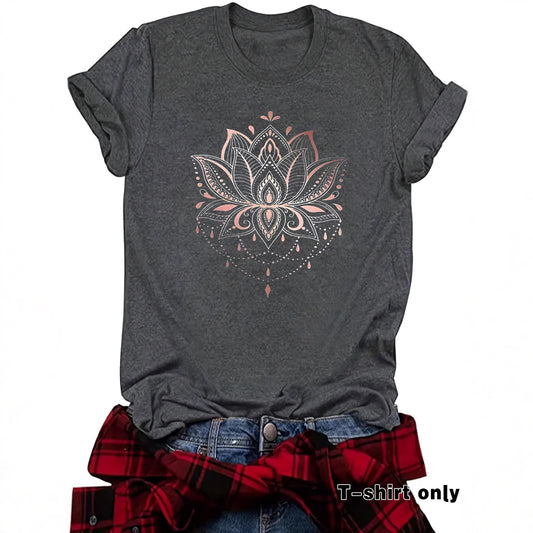 Lotus Print Round Neck Loose Short Sleeved Shirt