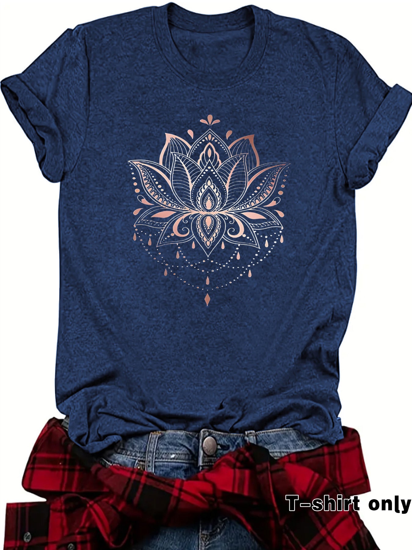 Lotus Print Round Neck Loose Short Sleeved Shirt