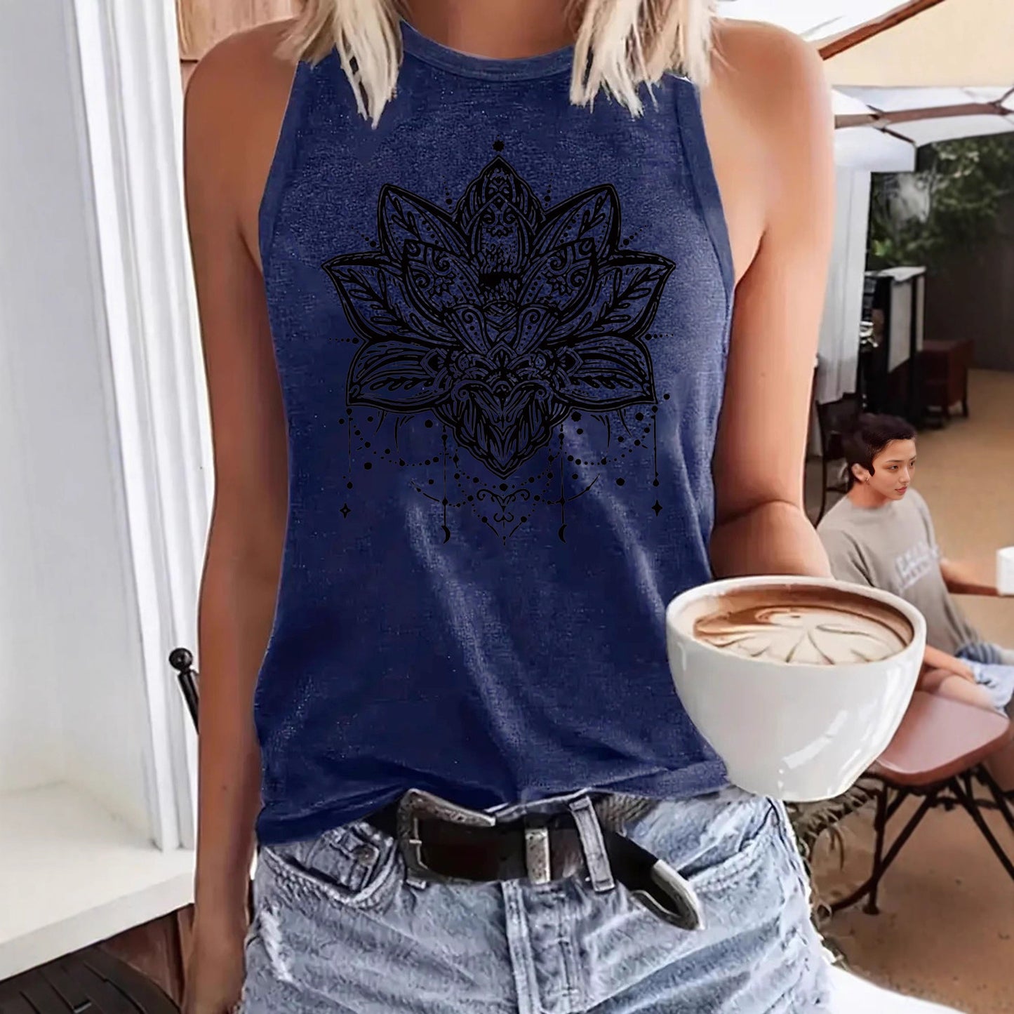 Lotus Print Sleeveless Racerback Top