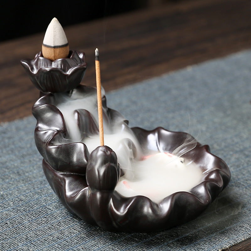 Lotus Leaf Pisces Playing Water Ceramic Backflow Aromatherapy Incense Burner