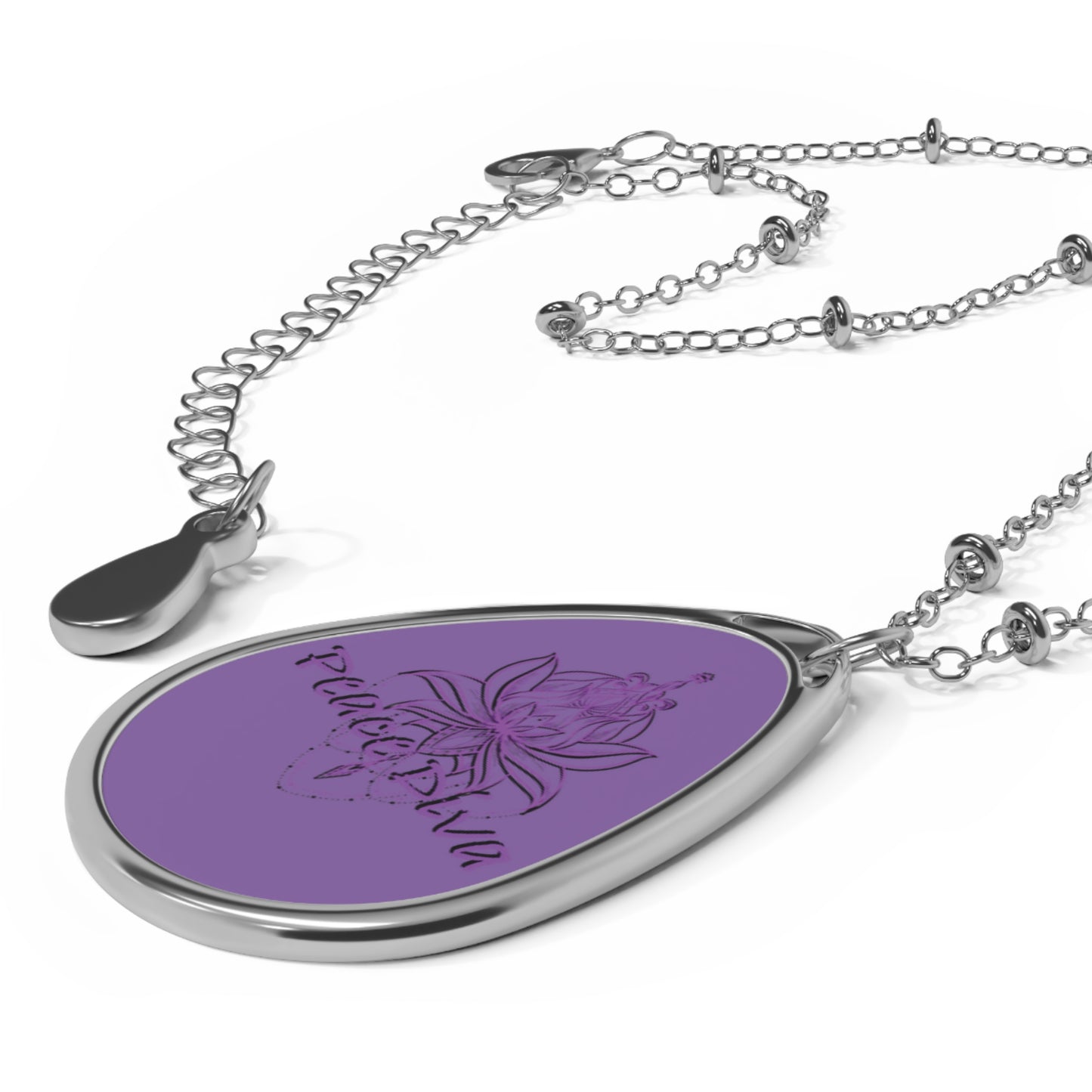 Sterling Oval Lotus Necklace – Engraved 'peace & luv' Teardrop Pendant