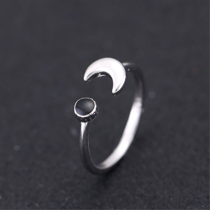 925 Sterling Silver Moon Black Epoxy Retro Resizable Opening Ring
