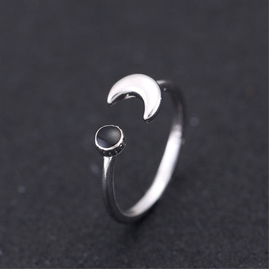 925 Sterling Silver Moon Black Epoxy Retro Resizable Opening Ring