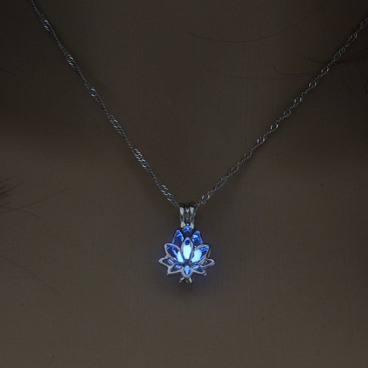 Luminous Glow In The Dark Moon Lotus Flower Shaped Pendant Necklace For Women
