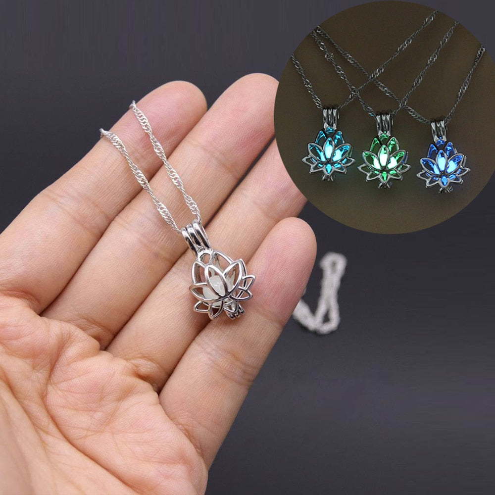 Luminous Glow In The Dark Moon Lotus Flower Shaped Pendant Necklace For Women