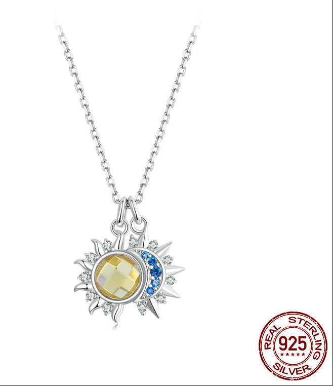 Silver Charm Sparkling Sun Moon Necklaces 925 Pure Silver Clavicle Chain