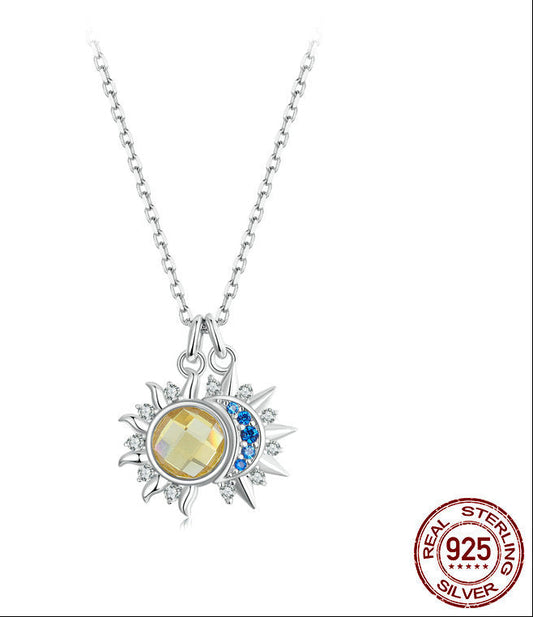 Silver Charm Sparkling Sun Moon Necklaces 925 Pure Silver Clavicle Chain