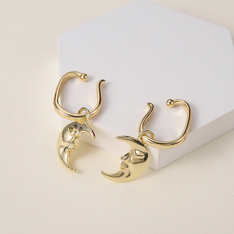 Crescent Moon Face Clip On Earrings
