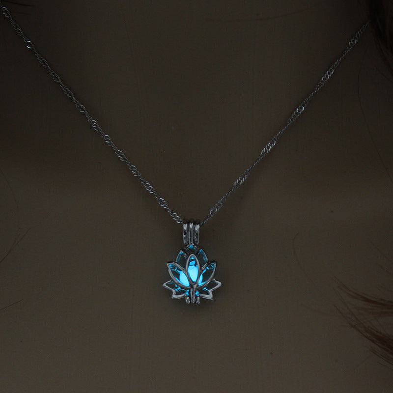 Luminous Glow In The Dark Moon Lotus Flower Shaped Pendant Necklace For Women
