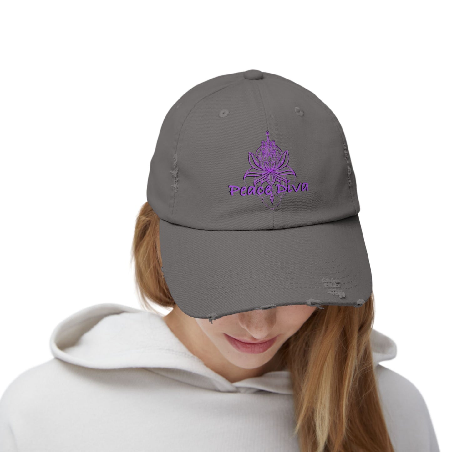 Distressed Cap — Purple Peace Diva Lotus Embroidered Hat