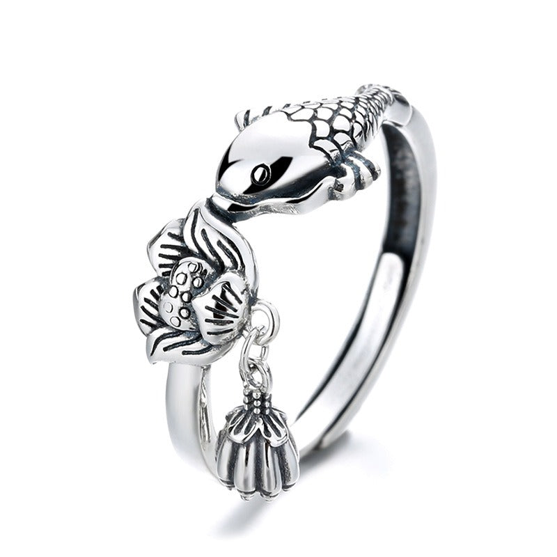 Carp Lotus Tassel Adjustable 925 Silver Ring