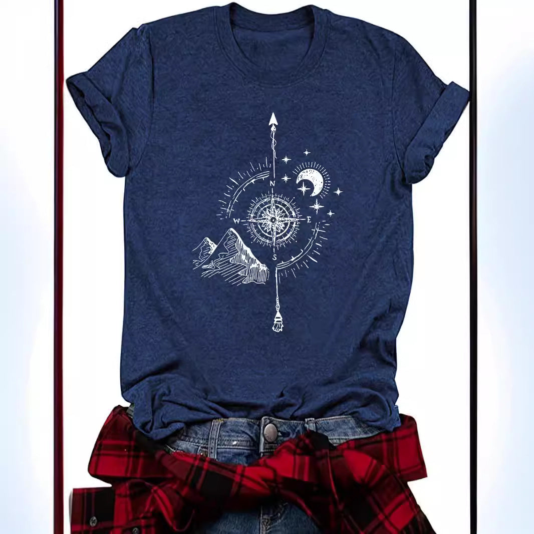 Compass Moon Mountain Peak Short Sleeve Shirt