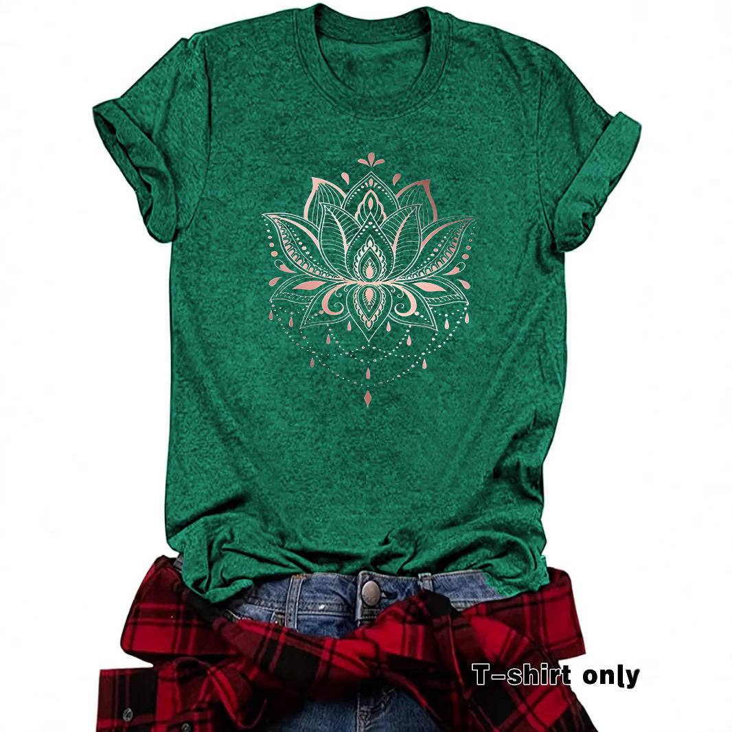 Lotus Print Round Neck Loose Short Sleeved Shirt