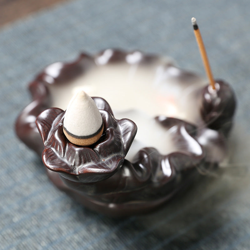 Lotus Leaf Pisces Playing Water Ceramic Backflow Aromatherapy Incense Burner