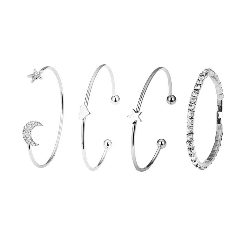 Five Point Star and Moon Cubic Zirconia Open Bracelet Combination Set